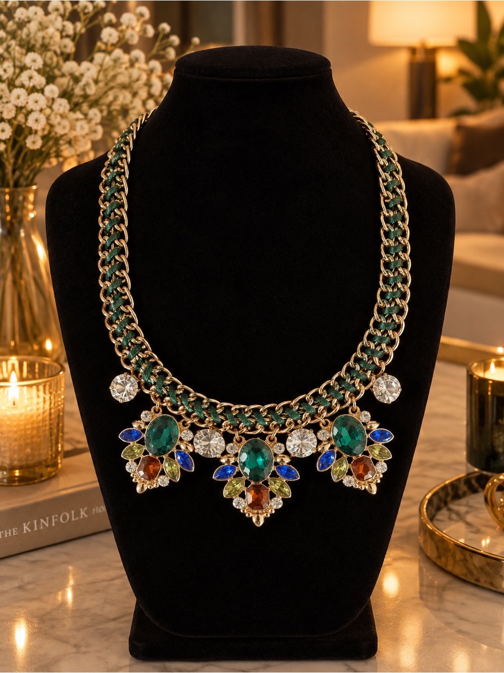 Statement Multi-Gem Floral Bib Necklace - Green
